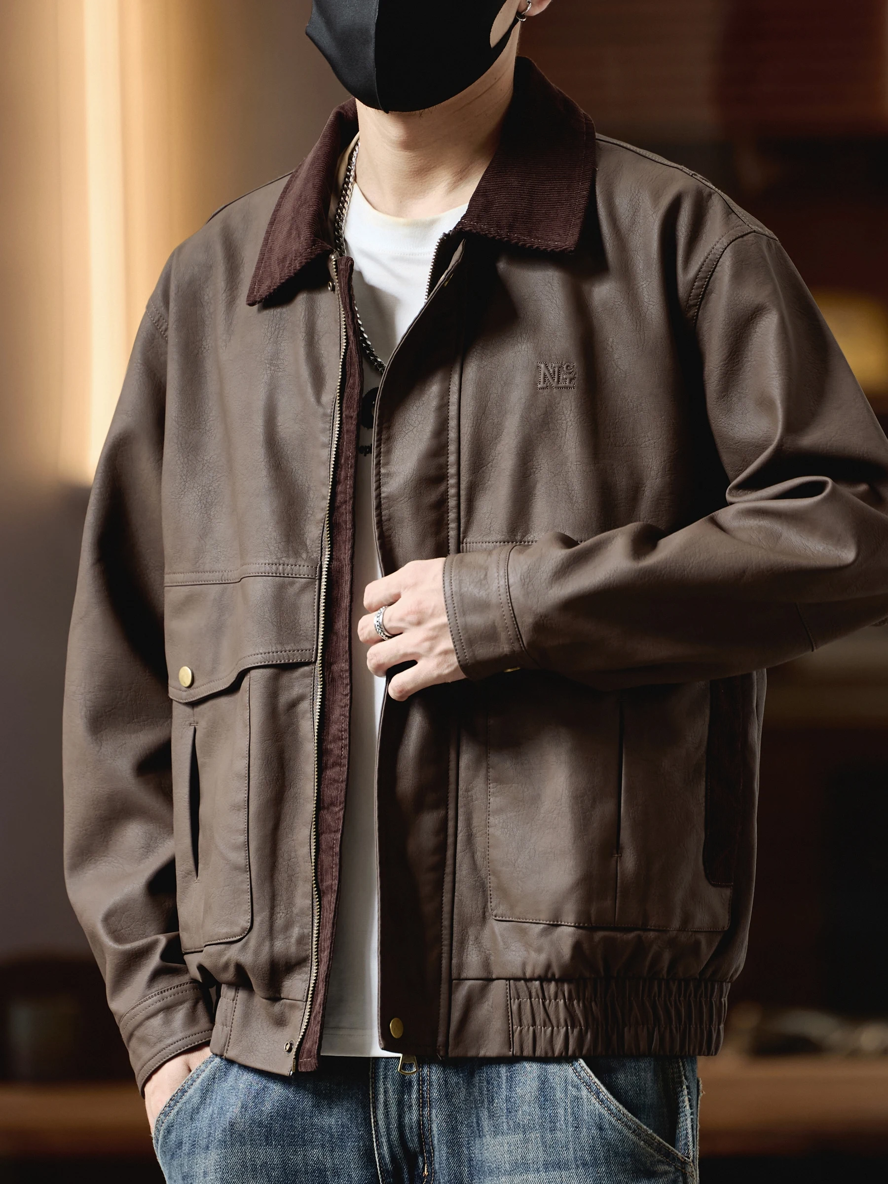 

High-End American Retro Barn Sle PU Leather Jaet Men's Autumn Winter New Trend Brand Corduroy Patchwork Loose Outerwear