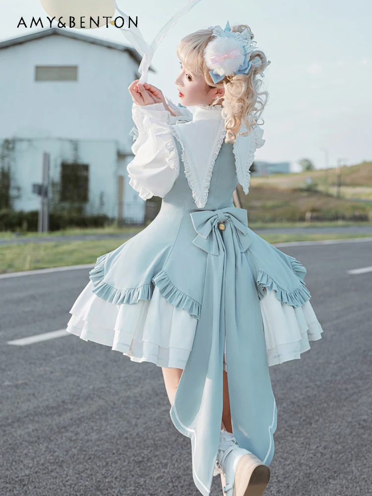 

2025 Spring and Autumn New Pink Lolita Magical Girl Cute Pom-Pom Christmas Princess Dress Daily Court Long Sleeve Blue Dress