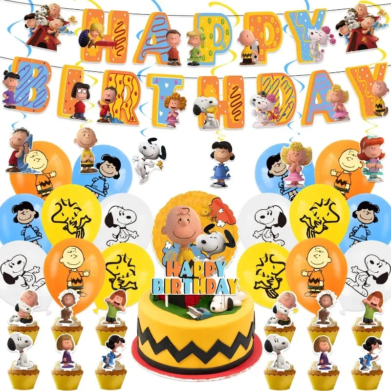 

4pcs Cartoon Snoopyed Birthday Party Decoration Flag Pulling Cake Flag Planting Peanut Comics Balloon Birthday Party Supplies