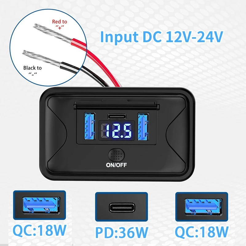 12V-24V RV USB Power Outlet PD3.0 USB 36W+Dual QC3.0 18W 3Ports Car Charger Socket Accessories For Car Bus RV Truck