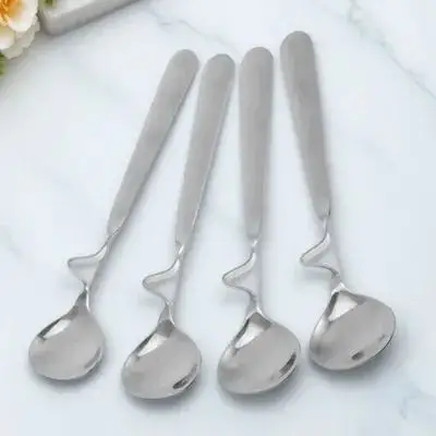 4Pcs Stainless Steel Honey Spoons Curving Handle Silver Fine Polishing for Various Drinks Cakes Mixology Comfortable Grip