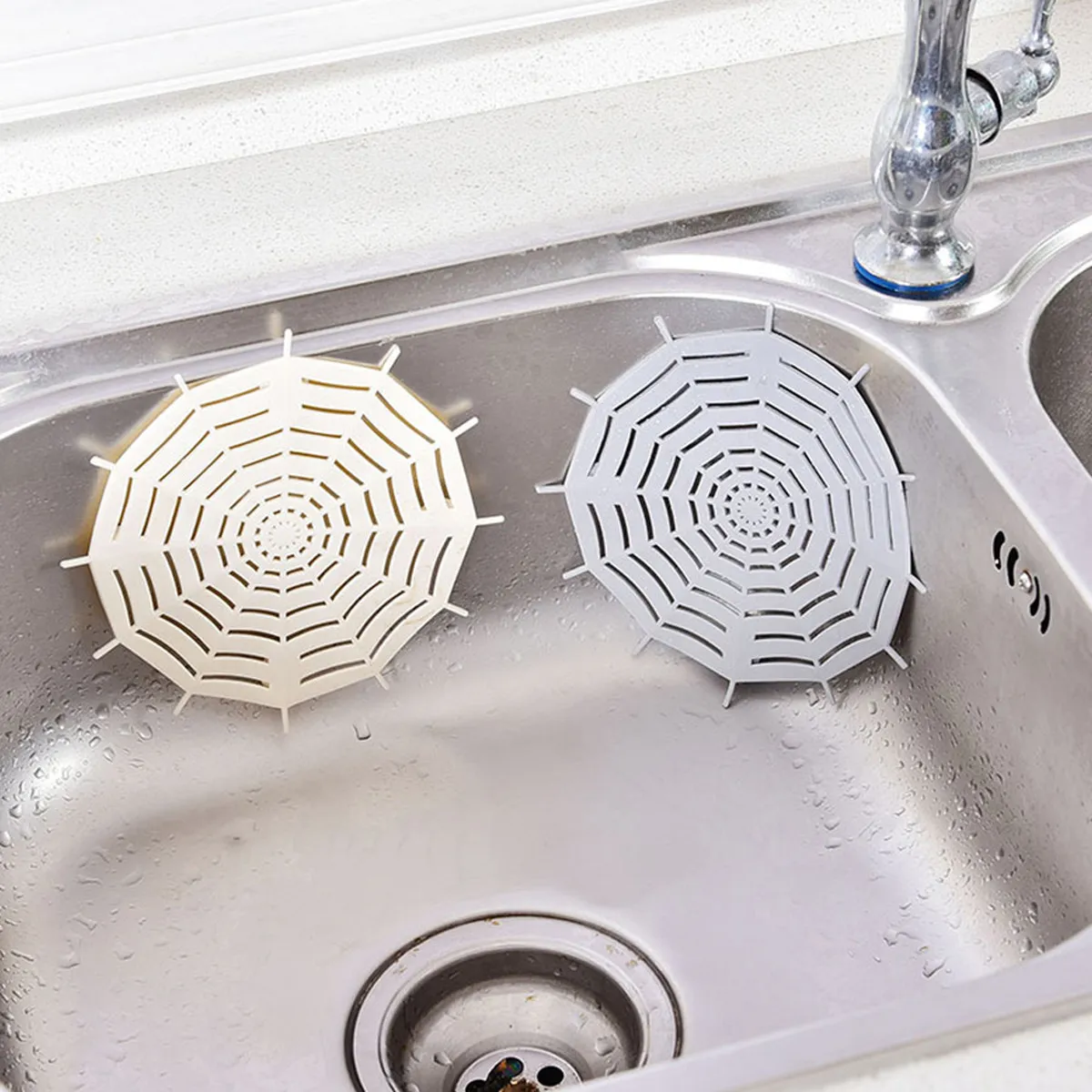 Spider Web Sink Strainer Beige Flexible Drain Filter with Suction Cups Hair Catcher for Kitchen Bathroom