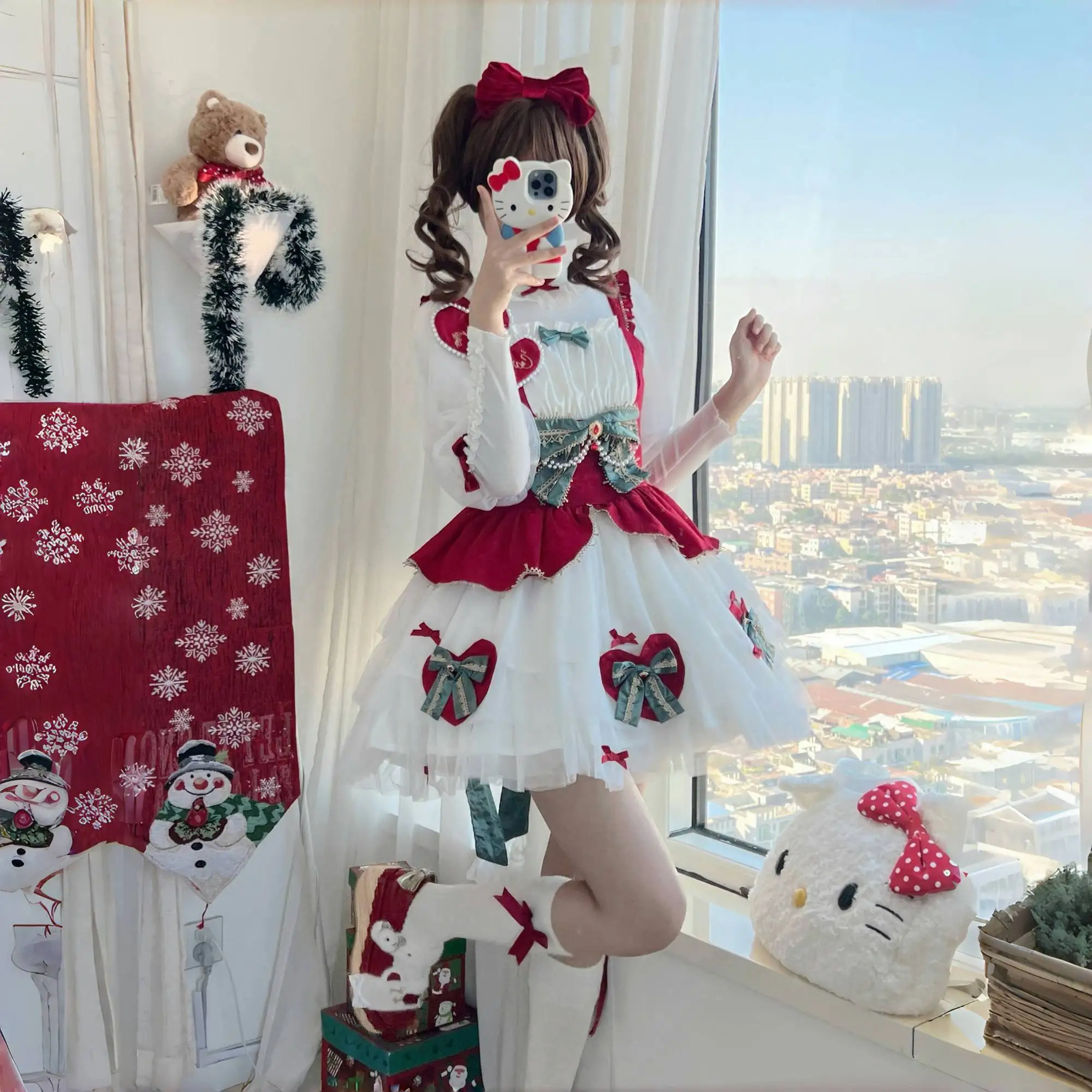 

Japan Christmas Lolita Dress Women Kawaii Long Sleeve Top Sweet Lace Heart Bow Sundresses Y2k JSK