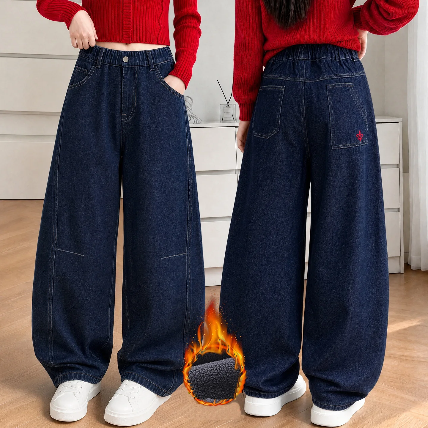 Winter Warm Children Loose Fit Jeans Pants with Fleece for Girls Thermal Curved Denim Pants Kids Casual Trousers with Embroidery