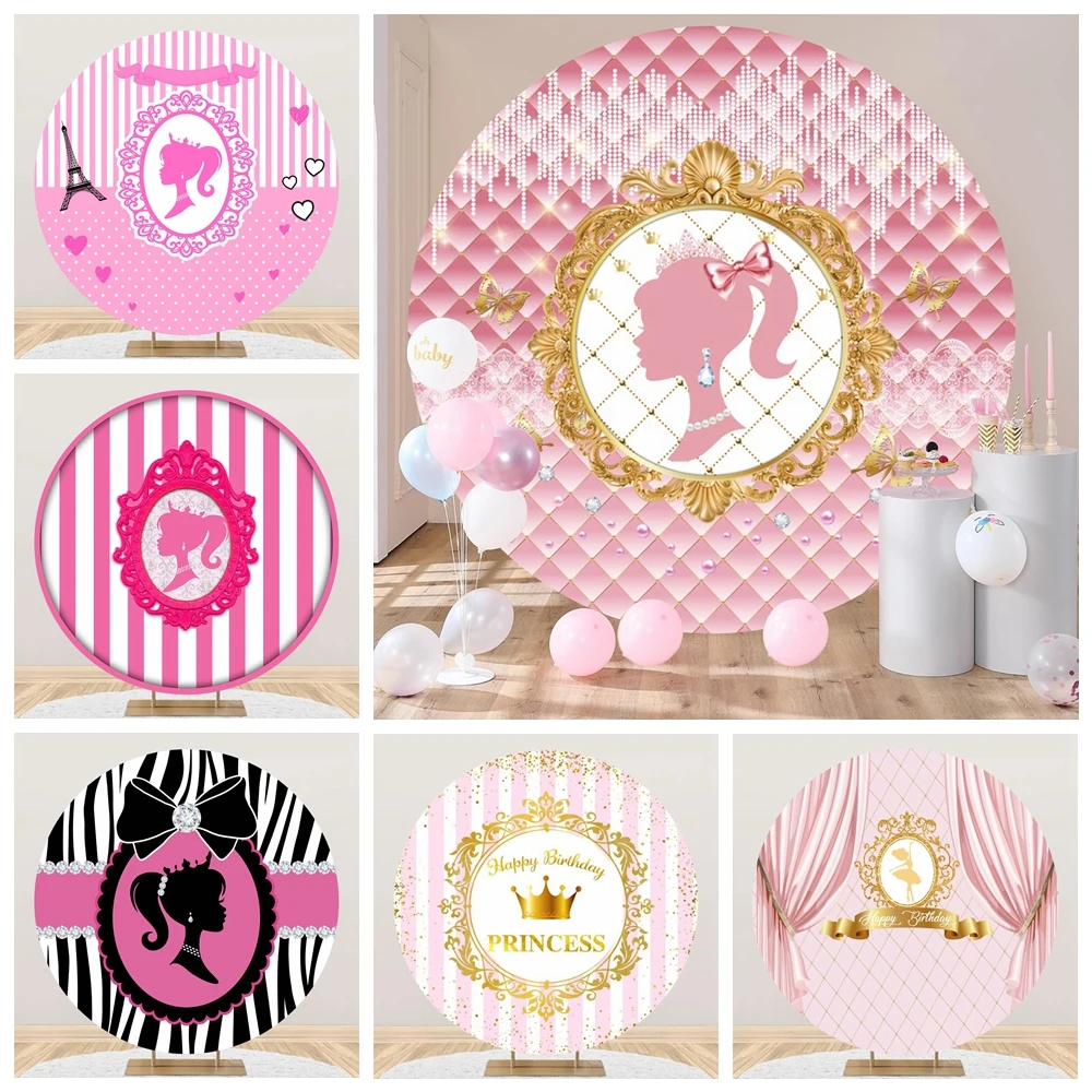 

Girls Princess Birthday Round Backdrop Cover Pink Castle Flower Butterfly Baby Shower Circle Background for Photography Props