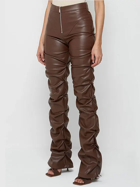 

Faionable Slim Fit Leather Pants for Women Personalized Flared Trousers Casual Pants l Waist PU Material