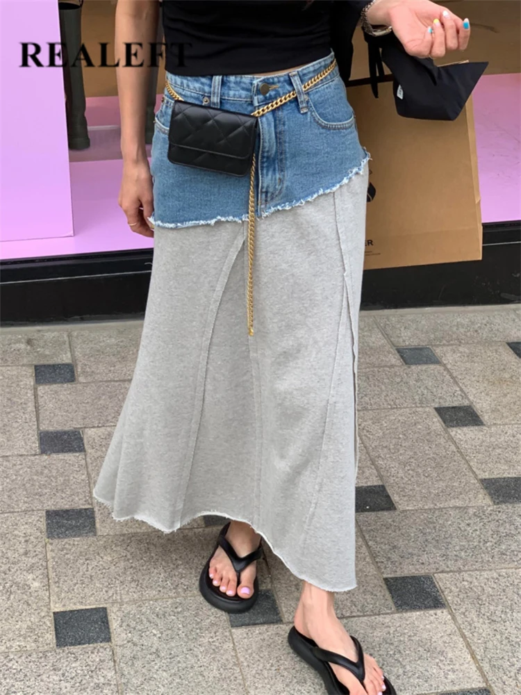 REALEFT Vintage Patchwork Denim Women's Long Skirts Spring Summer 2023 New Irregular Casual Chic Jeans Skirts Ladies