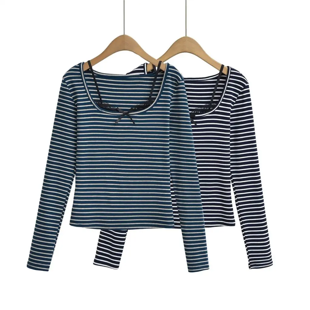 

YPFF Women's Long-Sleeved T-shirt Lace Stitching Bow Design Large Collar Slim-fit Striped Top Fashion Autumn Collection