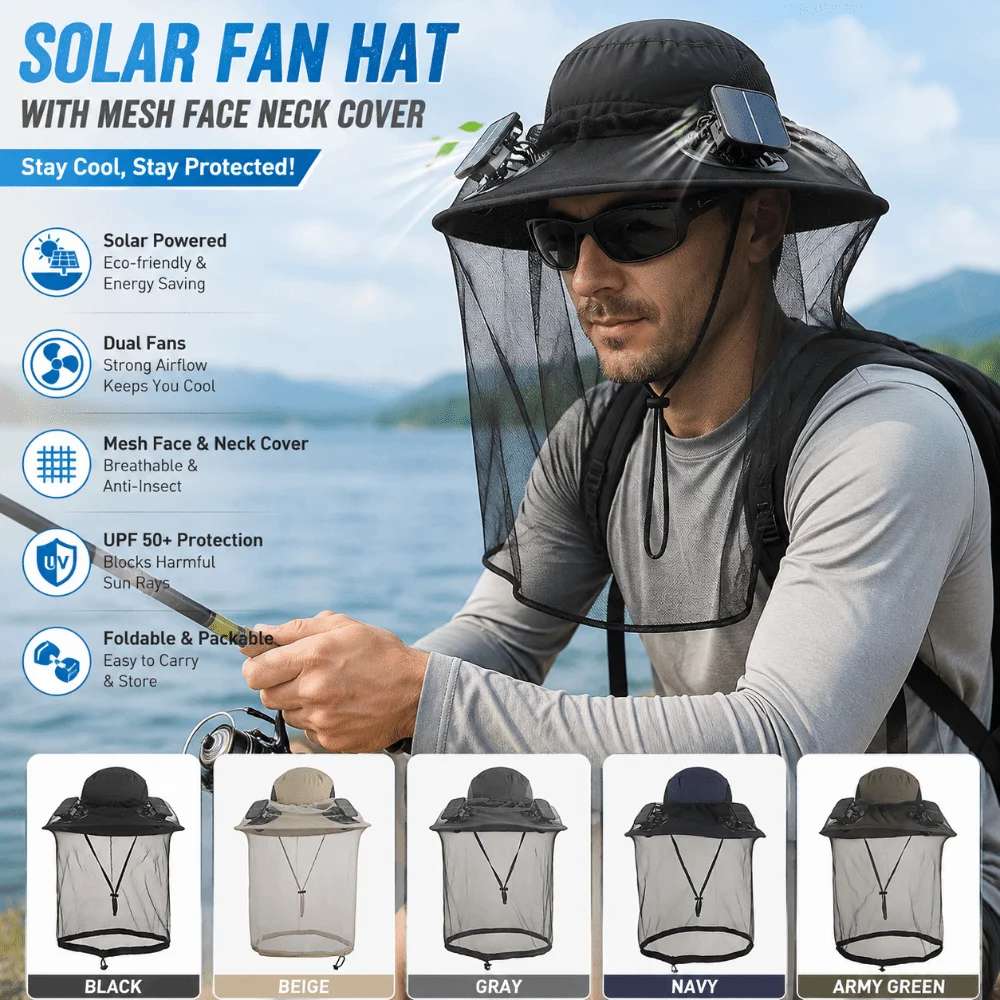New Solar Powered Solar Fan Hat Dual Fans UPF 50 Dual Solar Charging Hat Cooling Fans Wide Brim Anti-UV Sun Hat Summer