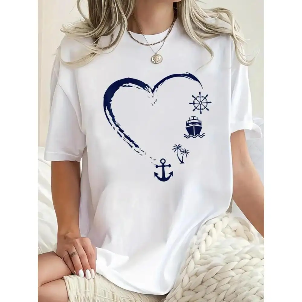 

Women's Nautical Heart T-Shirt Ocean Life Cruise Vacation Tee Anchor Rudder Ship Print Summer Beach Lover Gift Top