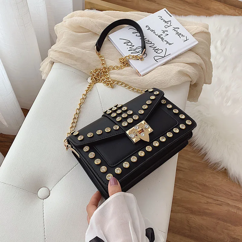 Artificial Leather Retro Small Rivet Foldable Cover Crossbody Bag Handbags Letter Shoulder Shopper Chain Flap Female Purse