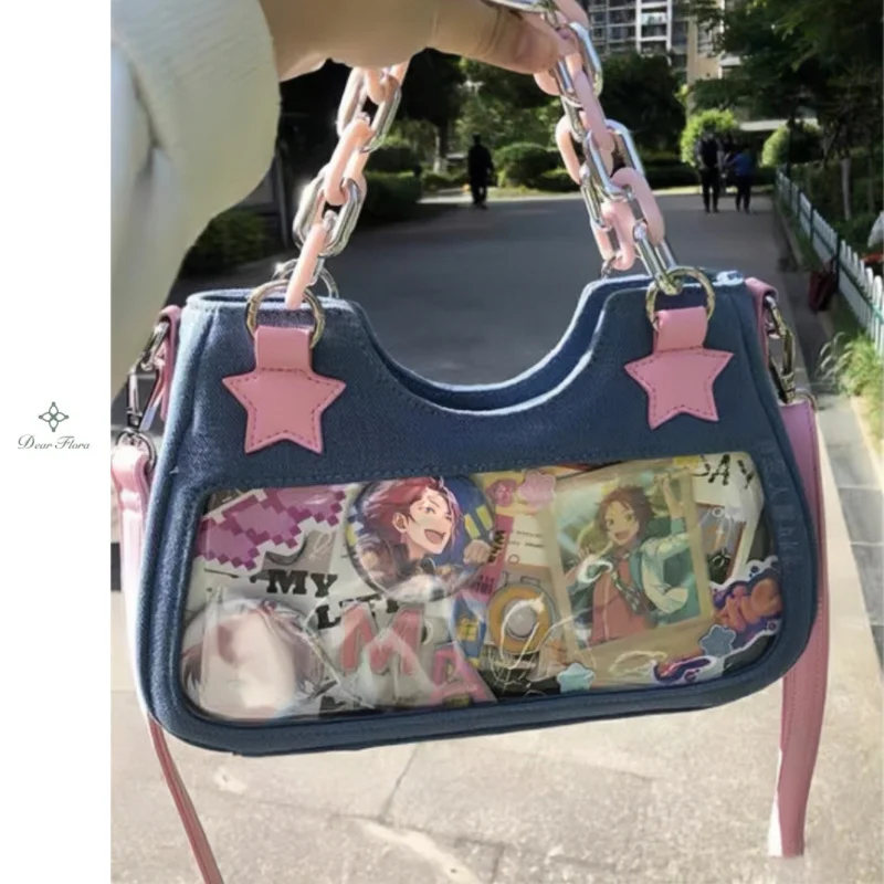 Y2K Vintage Korean Japanese Fashion Shoulder Underarm Harajuku Star Tote Denim Messenger Bag Women Chain Bag Zip Purses Handbags