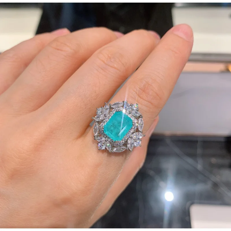 

Jewelry Copper Gold-Plated Vintage Paraiba Ring Adjustable Main Stone 8*10 Elegant Zircon Ring