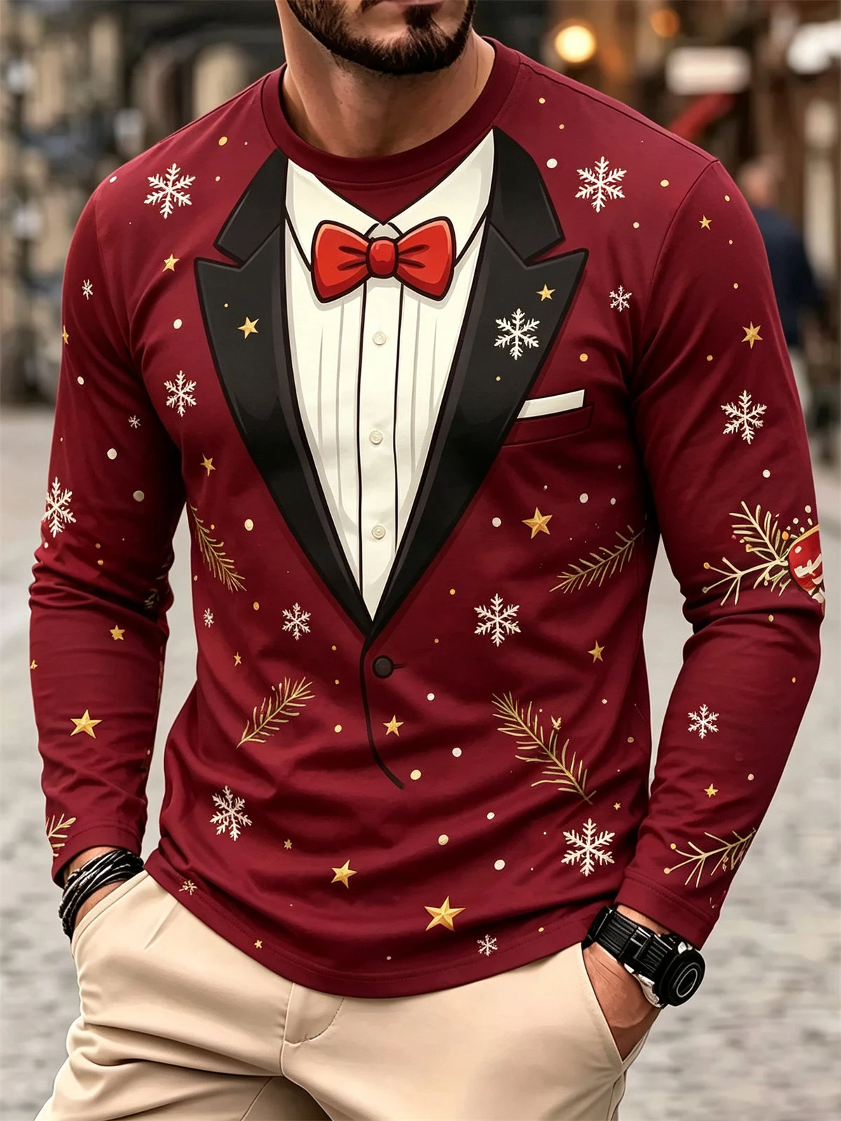 Ugly Christmas Tuxedo T-Shirt Men 3D Printed Red Snowflake Bow Tie Long Sleeve Funny Holiday Party Graphic Sweatshirt Tops