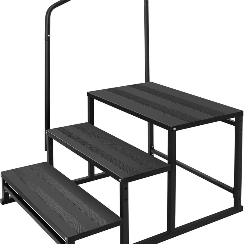 RV steps with handrails, 3 step stool with handle, suitable for the elderly, wide platform and non-slip pad,