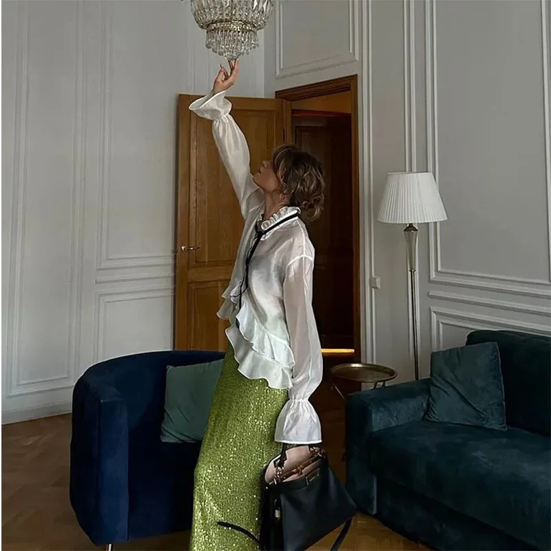 Sexy Lose Weiße Frauen Hemd Mode Rüschen Kragen Langarm Blusen Elegante Durchsichtig Top Weibliche Kleidung