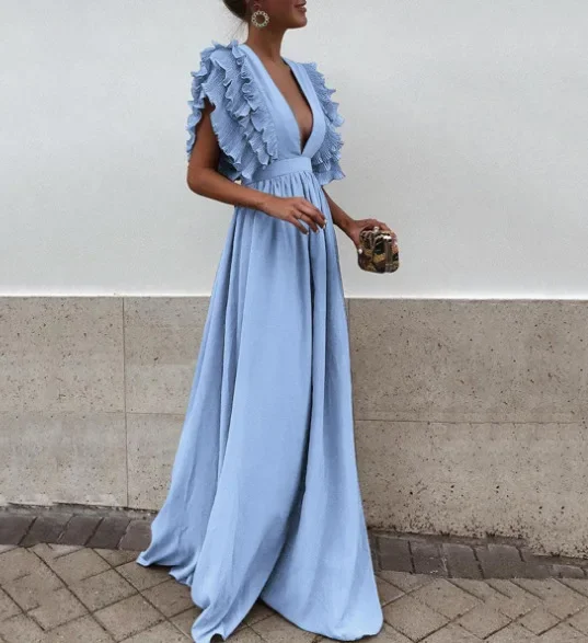 2024 Spring/Summer New Women's Fashion Flying Sleeves V-neck Open Back Solid Color Long Dress Sweet Dress