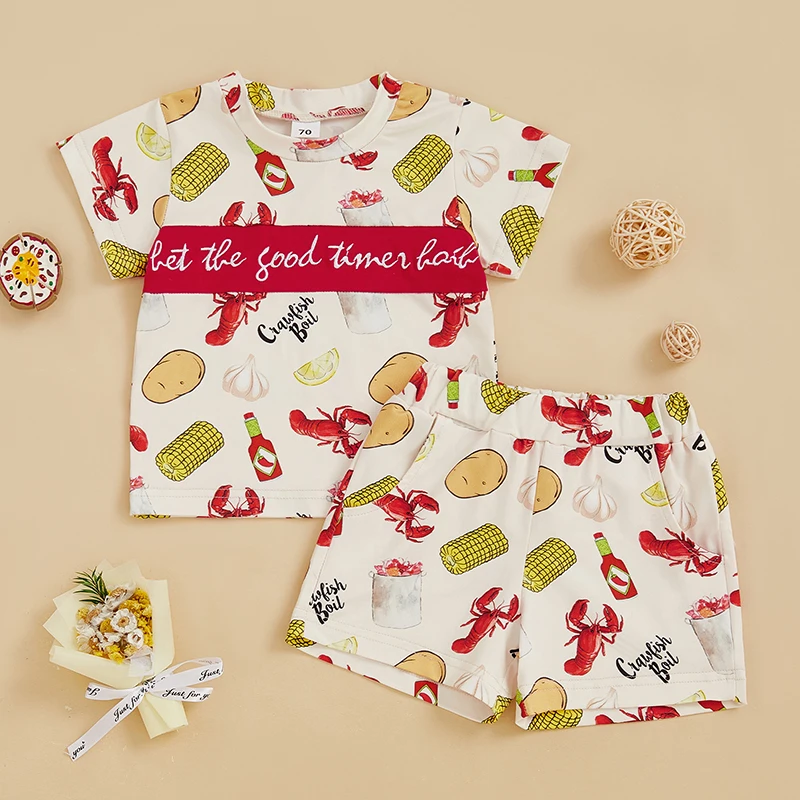 

0-5Y Kid Boy Summer Casual Outfit Lobster Print Crew Neck Short Sleeve T-Shirt with Elastic Waist Shorts for Toddler Infant Baby