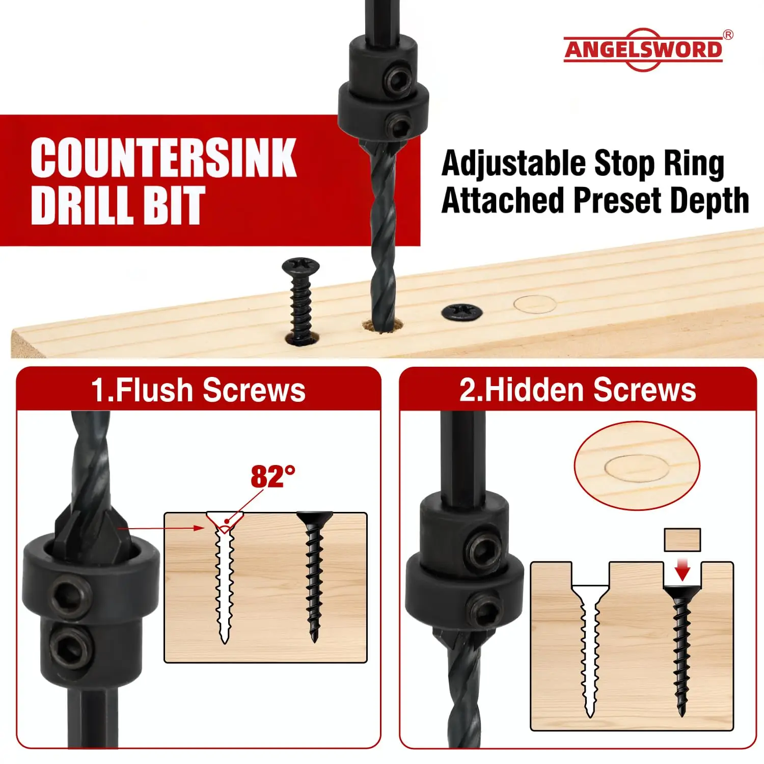 8PCS Countersink Drill Bit Set, Tapered Drill Bits #4-#12 with Depth Stop Ring - view 6