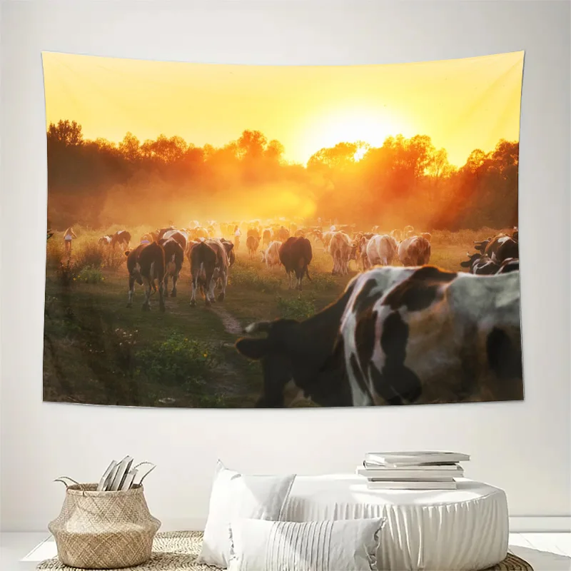 Large Cow Sunset Tapestry Wall Decor Bohemian Farmhouse Mural Golden Hour Cattle Herd Nature Print Wall Hanging Art