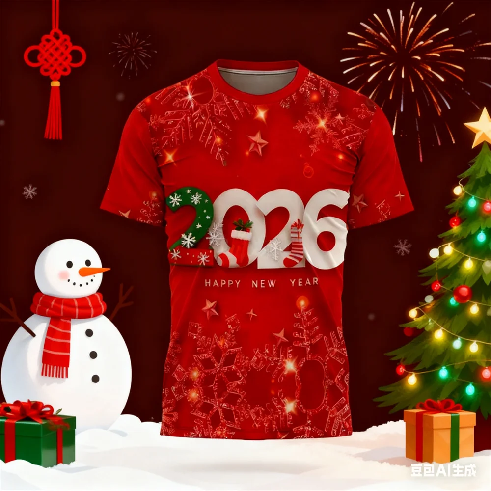 

Рождественская футболка 2026, мужская футболка с 3D принтом, новогодние мужские и женские футболки с круглым вырезом, мужская одежда, подарок на Новый год