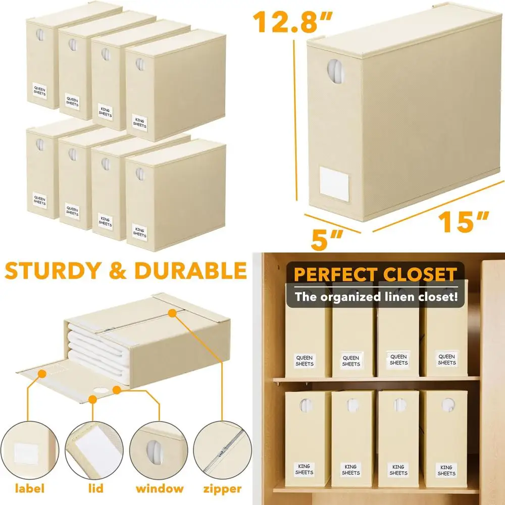 

Набор из 8 складных органайзеров для хранения постельного белья размеров XL, Queen и King (бежевый)