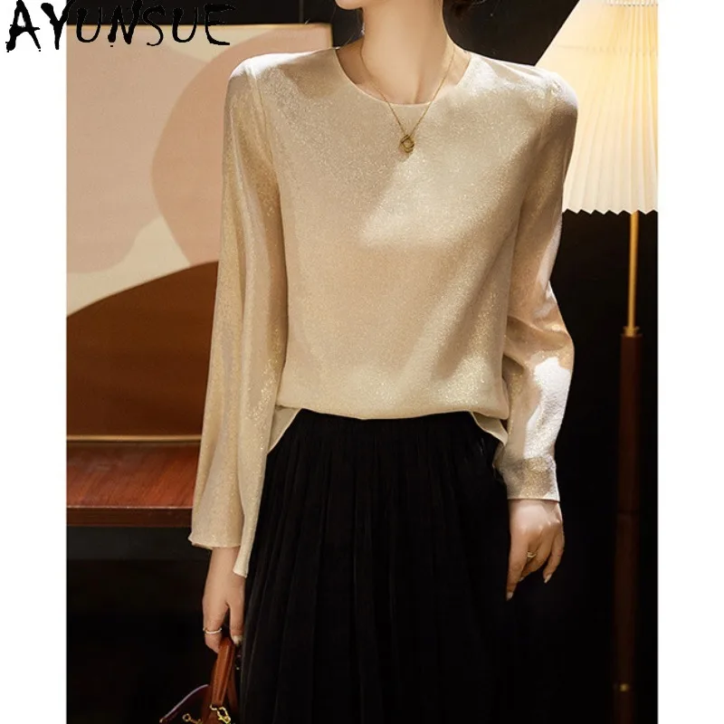 AYUNSUE Mulberry Silk Women's T-shirts Good Quality Flared Sleeves Tops for Woman Elegant Spring Woman Clothes Футболка Женская