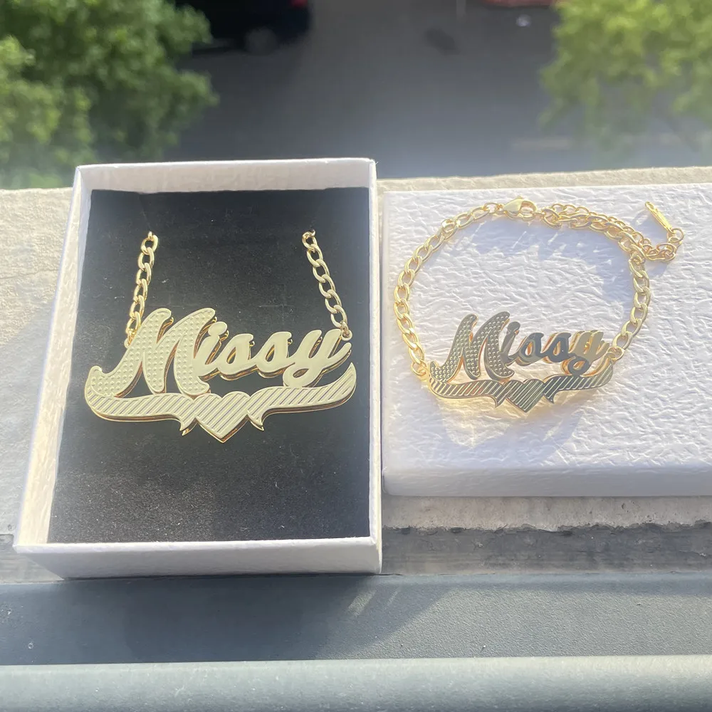 Lulu's Stainless Steel Custom Name Jewelry Set Women Gold Double Layer Hip Hop Nameplate Pendant Necklace Bracelet Gift