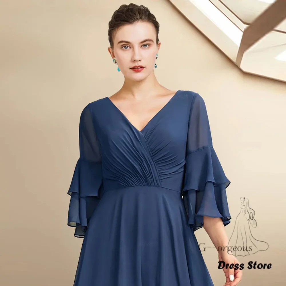 Blue Mother of the Bride Dresses 2024 Simple V-Neck Chiffon Wedding Guest Gown A-Line Long Elegant Dress Women For Wedding Party