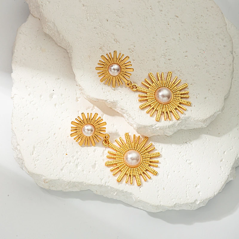 أقراط مرصعة بزهرة عباد الشمس 316L من الفولاذ المقاوم للصدأ للنساء ، مجوهرات راقية ، لؤلؤ فريد ، شكل ترس ، فرنسي ، طراز قديم ، موضة جديدة ، #5