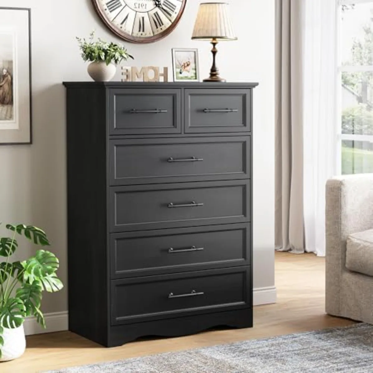 Black Farmhouse Dresser for Bedroom, Modern 6 Chest of Drawers, 44" Tall Chest of Drawers w/Brushed Metal Handle, Wood - view 2