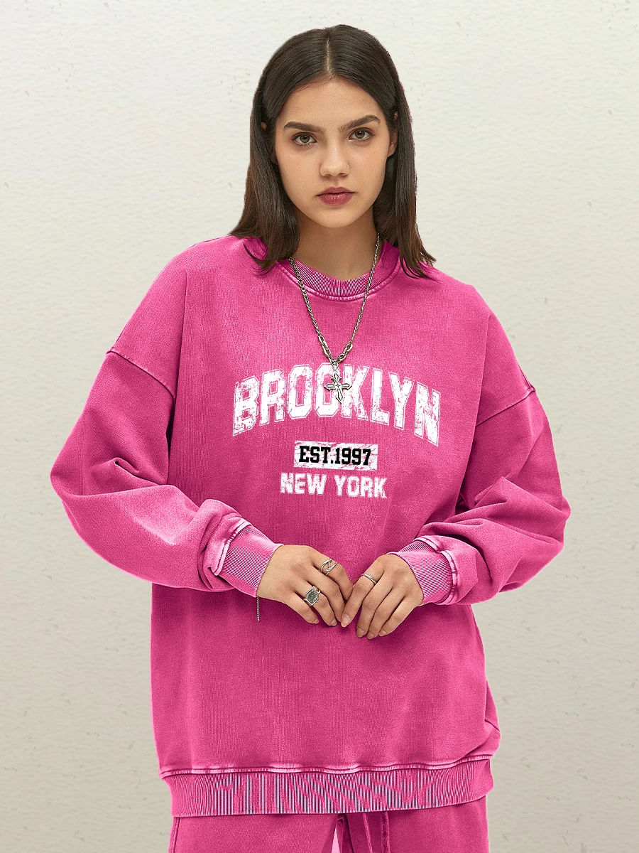 Brooklyn Est 1997 New York Prints Woman Washed Cotton Sweatshirts Harajuku Loose Clothes Fashion Fleece Streetwear Autumn Tops