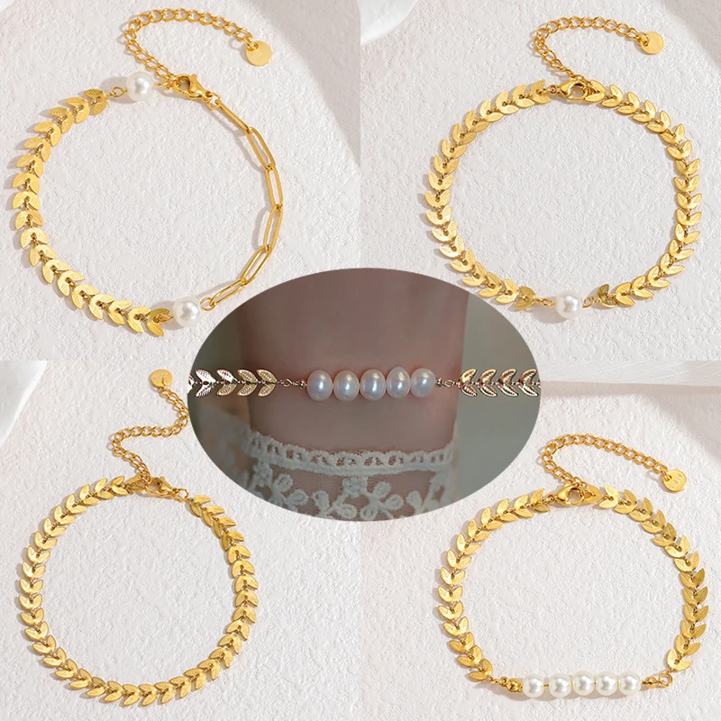 

Nextvance Elegant Wheat Ears Imitation Pearl Bracelet Gold Plated Stainless Steel Wrist Chain Jewelry Gifts For Women Daily Wear