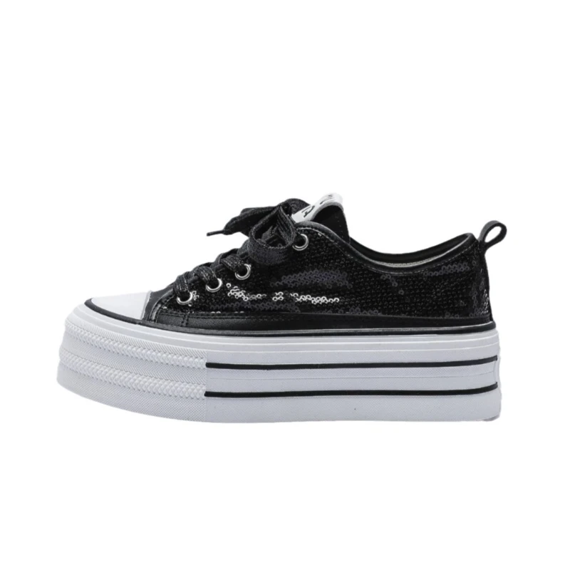 2024 New Women Sequins with Thick Bottom Canvas Shoes Spring/Summer Student Vulcanized Shoes Casual Running Sneakers