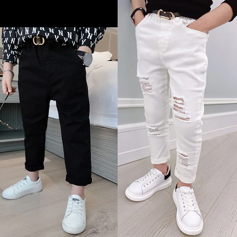 

Children's Pants White/Black Straight Jeans Baby Boys Comfortable Latin Dance Trousers Casual Children Hole Rip Pants 90-140CM