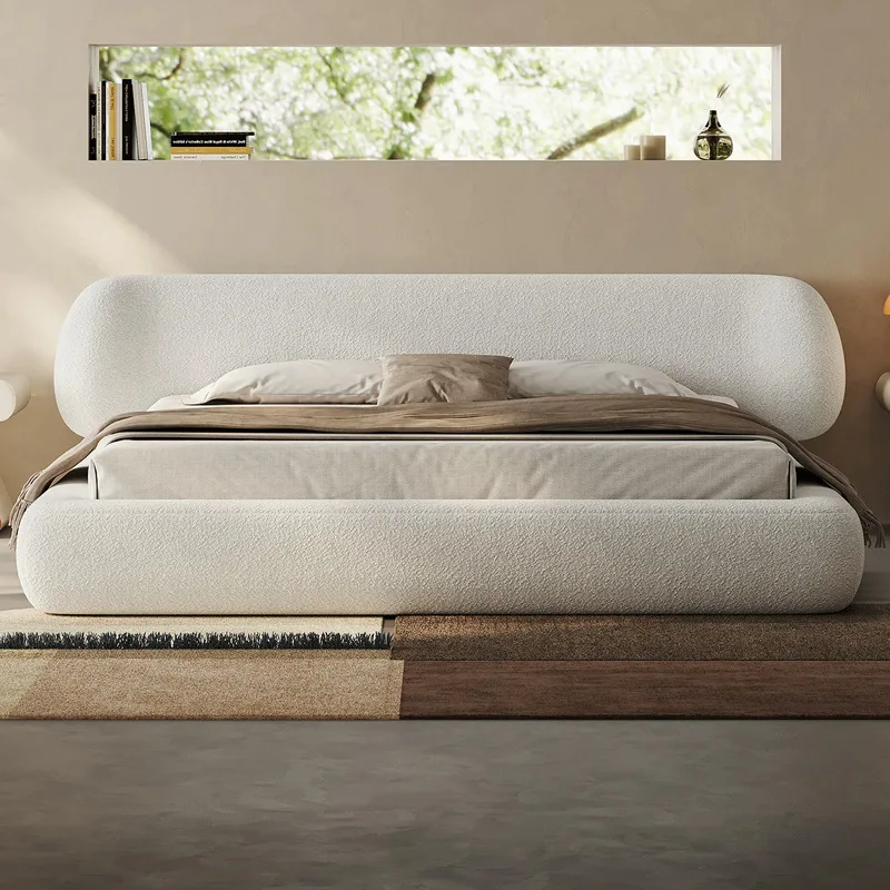 Cream wind double bed 1.8 meters modern simple villa creative master bedroom wedding bed, lamb wool fabric floor