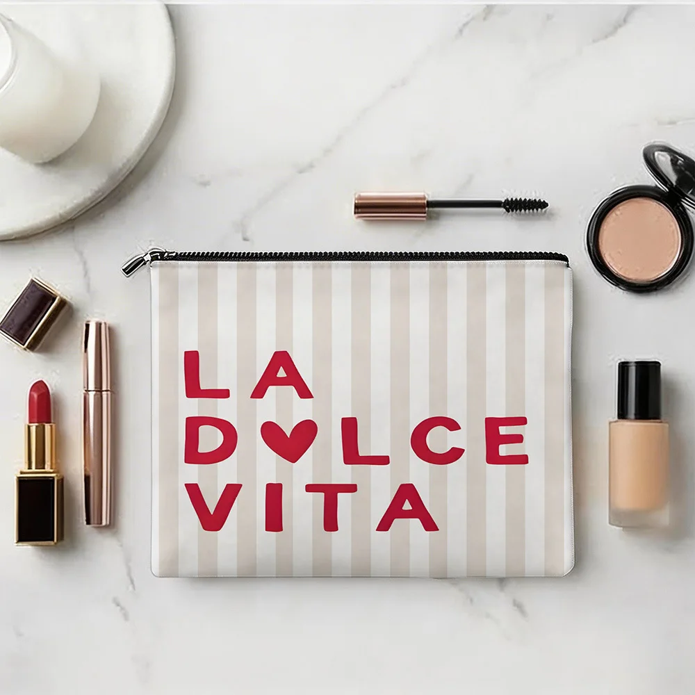 La Dolce Vita Storage Bag Filled with a Romantic Vibe Perfect for Vintage Lovers a Striped Heart Text Printed Storage Bag