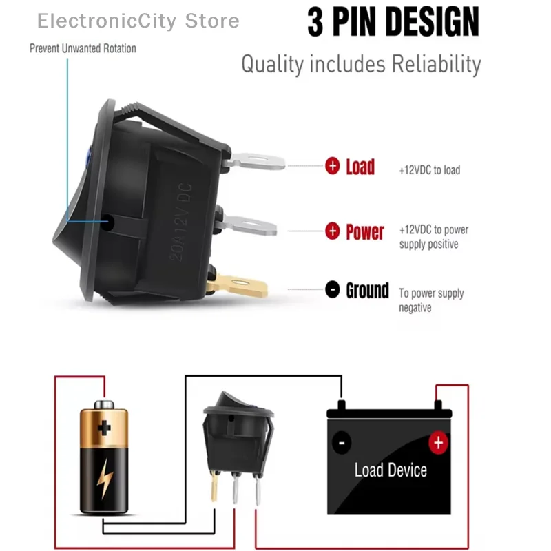 12Pcs Rocker Switch Toggle 12v SPST 3 Pins 2 Position ON/Off Blue LED Light Illuminated Boat Switch