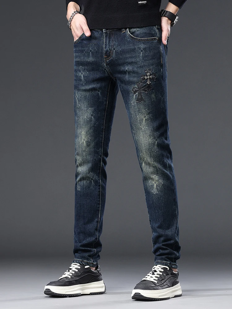 

Мужские джинсы с принтом Deep Blue Cross, облегающие, эластичные, повседневные, длинные брюки, осенне-зимняя модная тенденция, хлопковый стрейч-деним