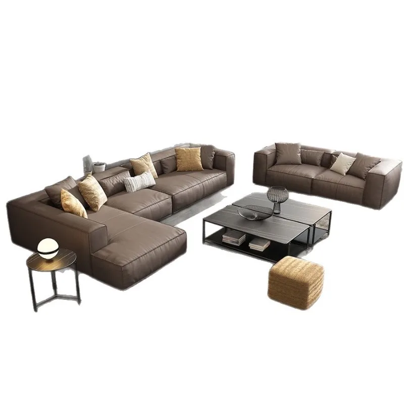 

Leather tofu block sofa, living room straight row floor with concubine Italian minimalist square sofa
