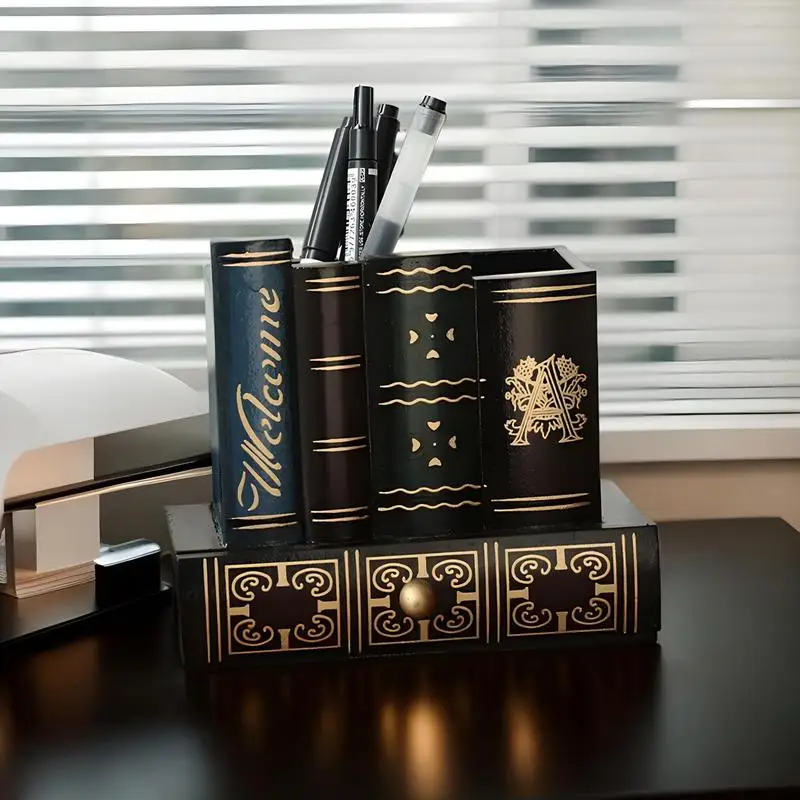 Book Pen Holder Pen Storage Cup Wood Library Book Shaped Pencil Holders Stand Decorative Organizer Caddy For Desk