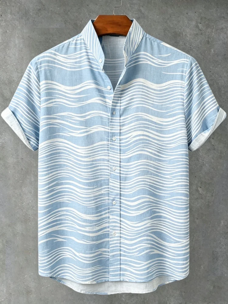 

Men's Loose Comfort Stand Collar Short Sleeve Shirt Light Blue Water Wave Graphic Casual Summer Shirt