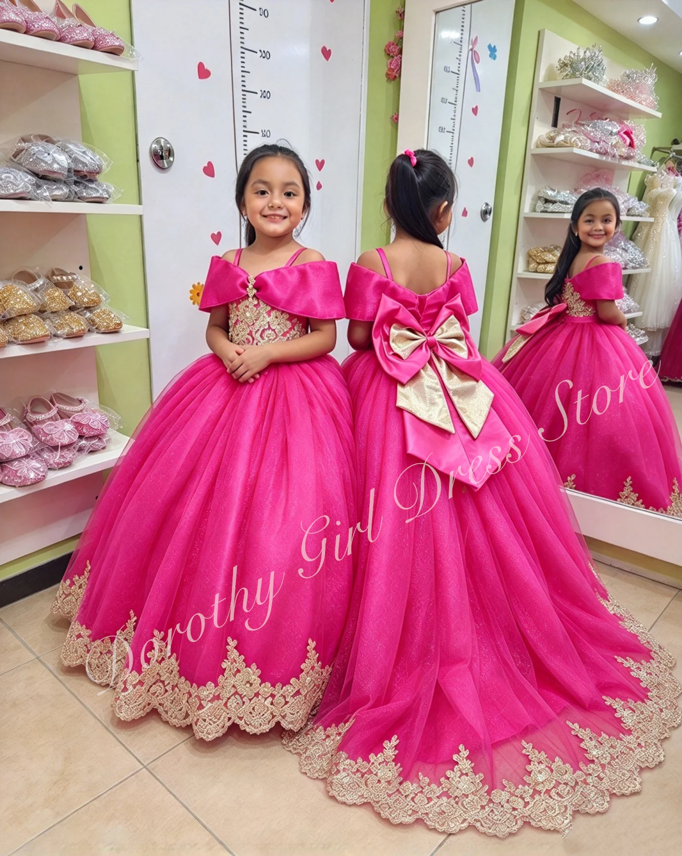 robe-pour-filles-couleur-rose-vif-a-epaules-denudees-avec-des-appliques-floraux-dores-ideale-pour-un-mariage-une-robe-de-demoiselle-d'honneur-un-ensemble-de-fete-pour-petite-princesse