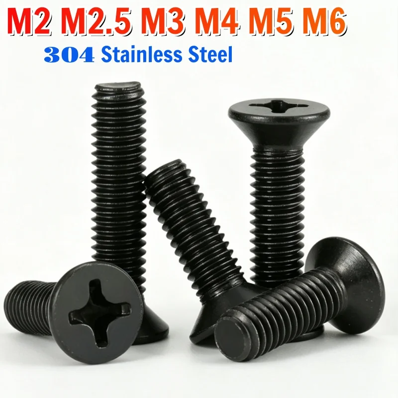 M2 M2.5 M3 M4 M5 M6 Black 304 Stainless Steel Phillips Flat Countersunk Head Screw Bolt Black Cross Recessed Screw