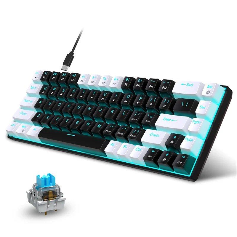 

68 Keys Wired Mechanical Gaming Keyboard Hot Swappable Blue Switch LED Backlit Type-C Ergonomics 65% Layout Gaming Keyboard