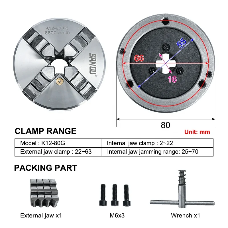 4 Jaw Chuck 80mm Sanou Brand Mini Lathe Chuck K12-80 Self-centering Scroll Chuck Hardened Steel Manual High Accuracy 0.05mm