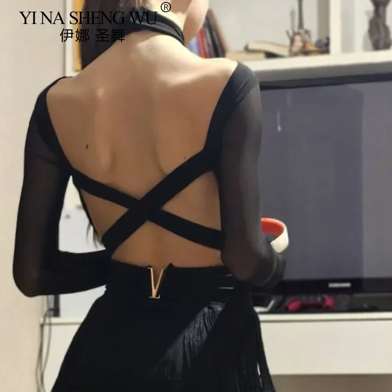 Body da ballo latino da donna Body da ballo incrociato senza schienale congiunto in rete nera Body da allenamento per danza latina sexy