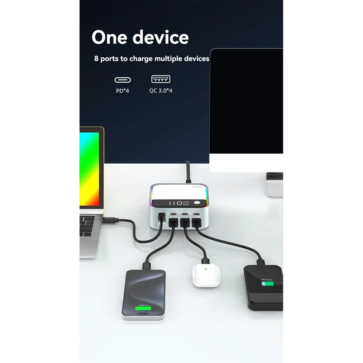 

NEW 120W 8 Port Multi USB A Type C QC3.0 GaN Charger PD 100W Fast Charging Station for Laptop Phone Pad Headphones EU Plug