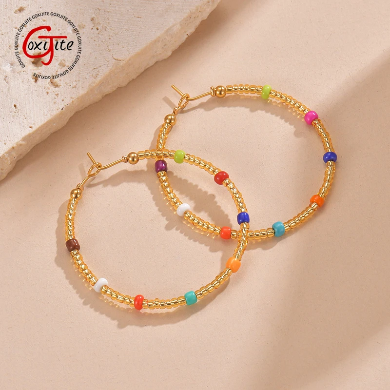 Goxijite Fashion Circle Colorful Bead Hoop Earrings For Women 40mm Gold Plated Round Earring Jewelry Party Accessory Gift