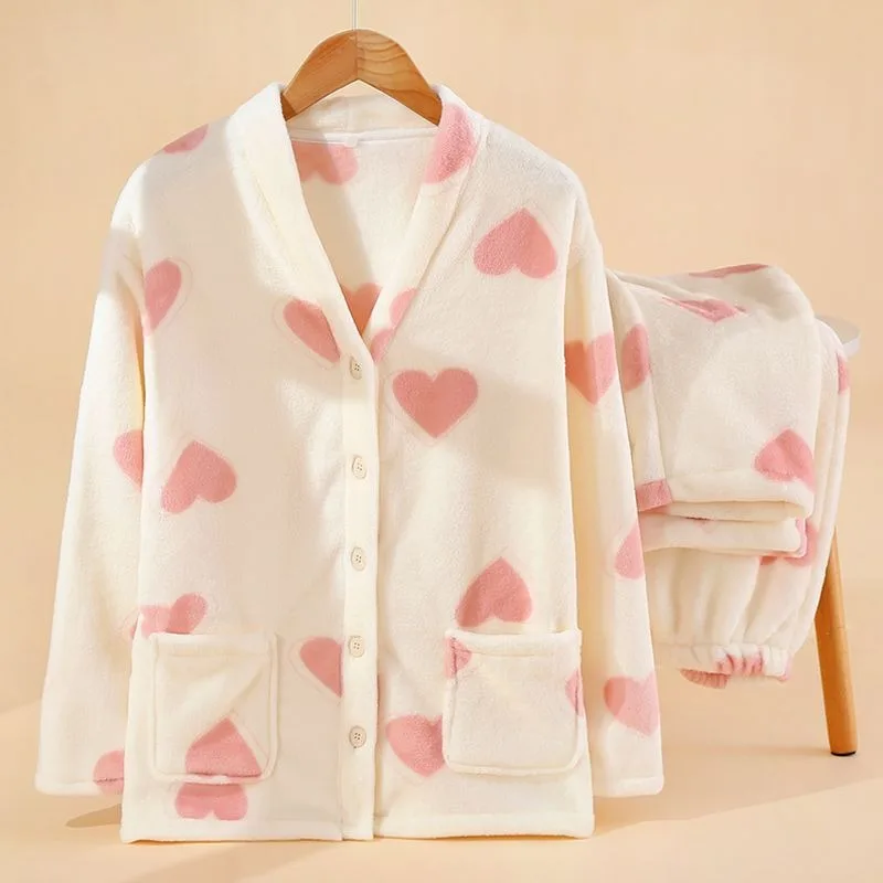 2024 New Sweet Cardigan Flannel Pajamas Women's Winter Plush Thickened Sleepwear Coral Velvet Warm Student Plush Homewear Set